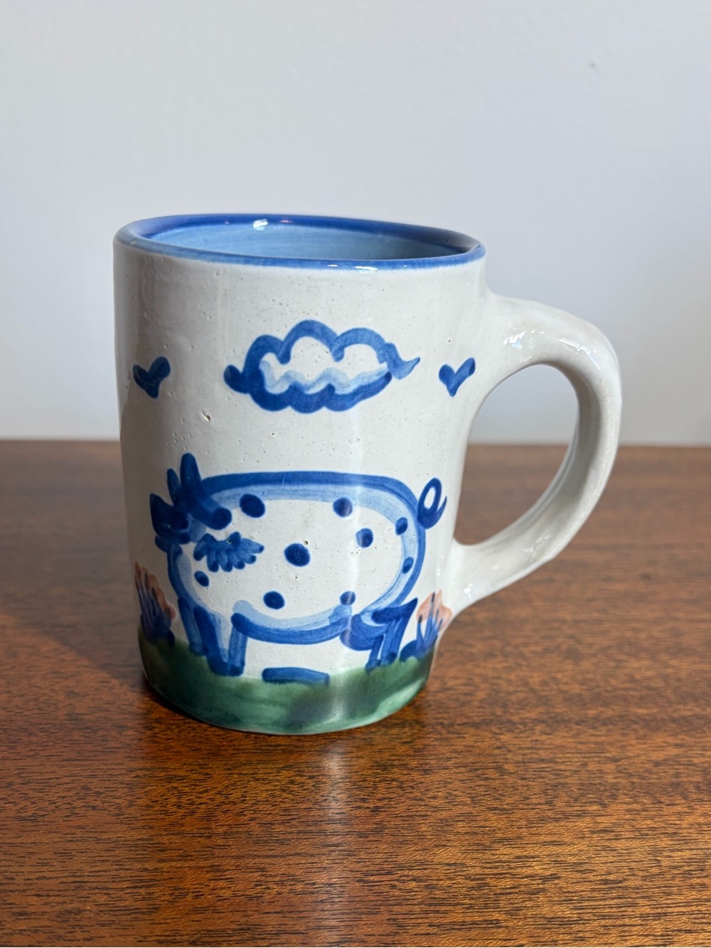 Vintage M.A. Hadley Pottery Cow Mug | Hand-Painted Blue Stoneware Coffee Cup